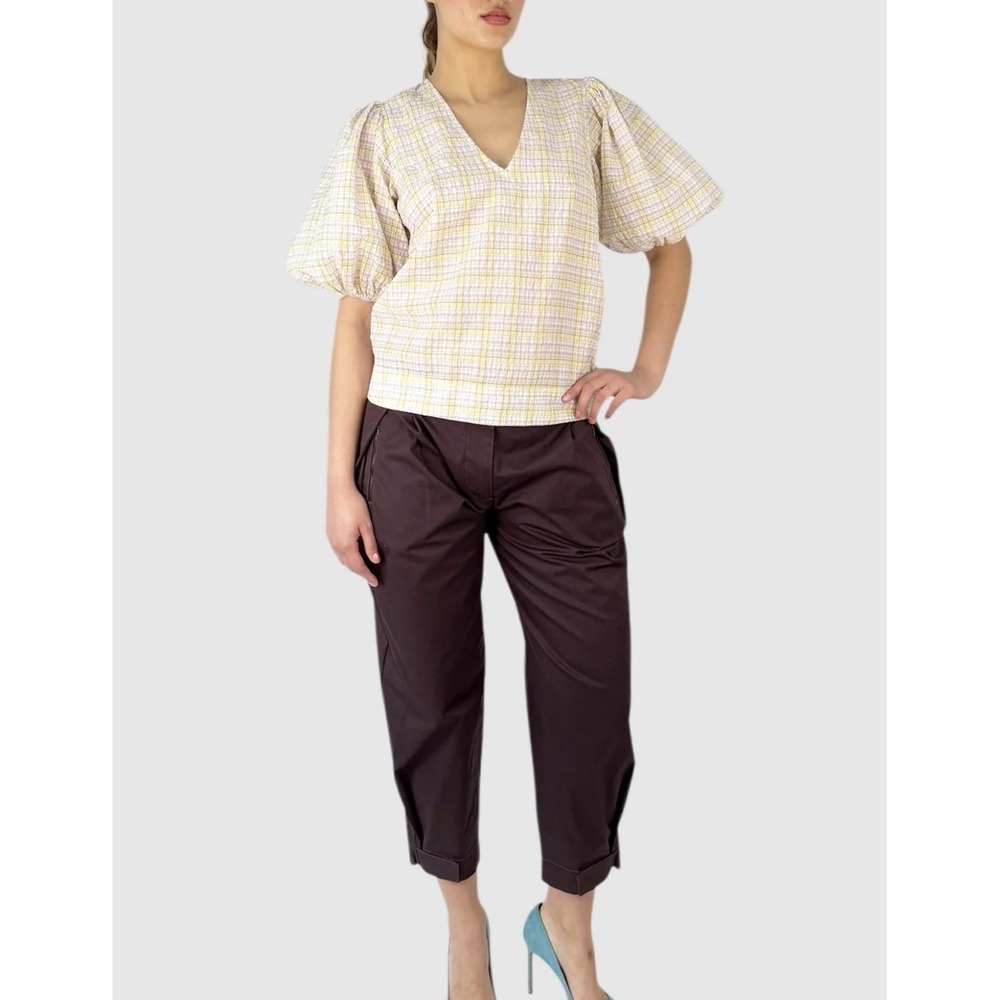 GANNI Seersucker Check Top puff sleeve women's Sz 36/S‎